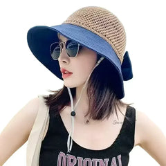 Summer Women Bucket Hat UV Protection Sun Hats Soft Foldable Wide Brim Outdoor Beach Hat Panama Cap Ponytail Cap