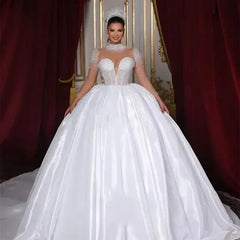Flavinke Customized Wedding Dresses Long Sleeves High Neck Pearls Bridal Princess Ball Gown Chapel Trian Women vestidos de novia