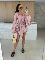Elegant Fold Dress Women Brown Deep V-neck Long Sleeve Mini Dresses Female 2025 Spring Summer Fashion Loose Lady Vestidos