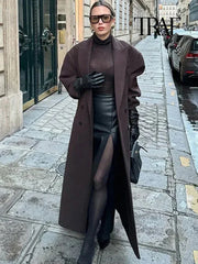 TRAF Women Fashion Solid Color Wool Lengthened Coat Elegant Warm Street Coat Autumn and Winter Retro Pocket Double-Breasted Coat