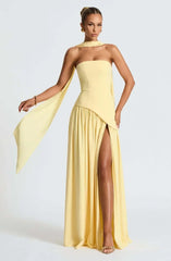 Butter Yellow Mesh Splicing Long Dress Elegant Strapless Split Backless Pleated Gowns For Women 2025 Lady Evening Party Gowns
