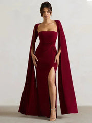 Mozision Long Cape Sleeve Split Maxi Dress For Women Gown Fashion Solid Square Collar Evening Sexy Long Dress Elegant New