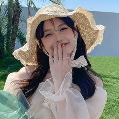 Summer Women's Lace Straw Beach Hat Foldable Sun Hat with Wide Brim Fresh Stylish Sunblock Shade Hat Perfect for Travel Holiday