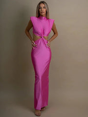 Mozision Hollow Out Turtleneck Sexy Maxi Dress For Women Fashion Solid Sleeveless Bodycon Tank Dresses Femme Club Party Dress