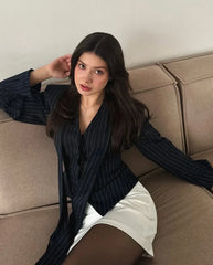 Tuularose Stripe Tailored Coat For Women Lace Up V Neck Long Sleeves Coat Female Fashion Elegant High-End Formal Tailored Coat