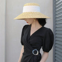 Straw summer hat French elegant ladies seaside travel sun hat Hepburn style wide brim hat 햇빛가리개 모자 모자
