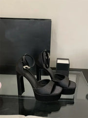 Liyke Runway Style Black High Heels Platform Sandals For Women Cozy Silk Square Toe Buckle Strap Lady Party Dress Shoes Size 40