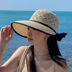 Women's Summer Straw Hat UV Protection Wide Brim | Breathable Bow Sun Hat Fashion Beach Accessory