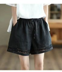 Cotton Linen Vintage High-Waist Elastic New Style Tie-Belt Embroidered Hollow Casual Straight Shorts
