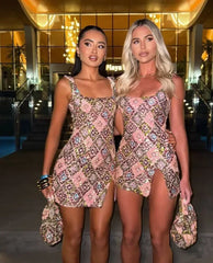 Colorful Rhombus Sequins Sexy Mini Dress Elegant Chic Straps Slit Bodycon Party Dresses Summer Holidays Evening Women Dress 2025