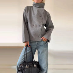 Fashion Women's Stand Collar Woolen Coats Long Sleeve Loose Female Short Coat 2025 Autumn Winter Office Lady Street Jacket