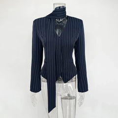 Tuularose Stripe Tailored Coat For Women Lace Up V Neck Long Sleeves Coat Female Fashion Elegant High-End Formal Tailored Coat