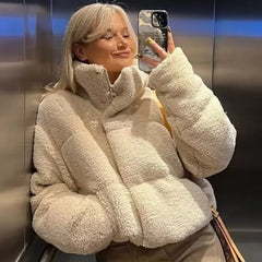 PB&ZA2023 Autumn and Winter New Women's Lamb Wool Short Cotton Coat Standing Collar Thickened Warm Bread Coat Cotton Coat