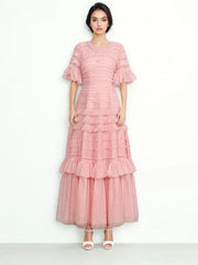 Patchwork Edible Tree Fungus Elegant Dresses For Women Round Neck Short Sleeve High Waist Temperament Dress Female Fashion