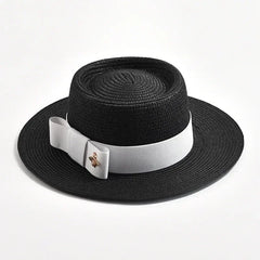 NEW Spring Summer Straw Hats for Women Round Bumpy Surface Flat Top Bowknot Dress Cap Travel Beach Sun Hat Gorra