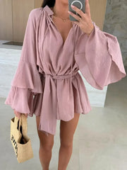 Elegant Fold Dress Women Brown Deep V-neck Long Sleeve Mini Dresses Female 2025 Spring Summer Fashion Loose Lady Vestidos