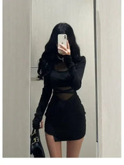 Pile Up Sleeves New Sexy Black Fishbone Dress Personalized Slim Women Dress Thin Gauze Perspective Wrap Around Buttocks F8Q3