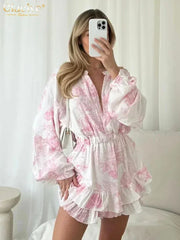 Clacive Fashion Loose Print Women's Dress 2024 Casual O-Neck Long Sleeve Mini Dresses Elegant High Waist Pleated Female Dress