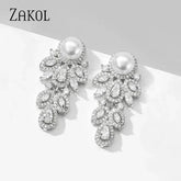 ZAKOL New Fashion CZ Zirconia Crystal Leaf Dangel Earrings for Women Luxury Bridal Wedding Party Jewelry