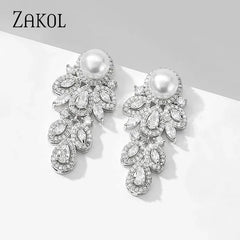 ZAKOL New Fashion CZ Zirconia Crystal Leaf Dangel Earrings for Women Luxury Bridal Wedding Party Jewelry