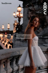 Smileven Short Wedding Dress A Line Sweetheart Neck Shiny Glitter Bride Dresses Mini Sweetheart Neck Vestido de novia Customized