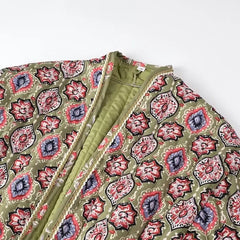 Winter Green Flower Print V neck Quilted Jacket Ethnic Women Tie Bow Sashes Quilting Full Sleeve Coat BOHO Midi Outerwear