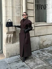 TRAF Women Fashion Solid Color Wool Lengthened Coat Elegant Warm Street Coat Autumn and Winter Retro Pocket Double-Breasted Coat