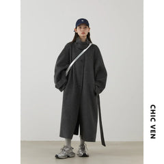 CHIC VEN Korean Women Woolen Coat Single Breasted Loose Stand Collar Belt Long Double-sided Ladies Overcoat Autumn Winter 2024