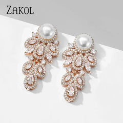 ZAKOL New Fashion CZ Zirconia Crystal Leaf Dangel Earrings for Women Luxury Bridal Wedding Party Jewelry