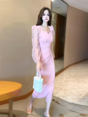 Gentle Temperament Slim Fit Dress with Women's Sleeves Square Neckline Pleated Solid Color Slimming Effect Medium Length Skirt