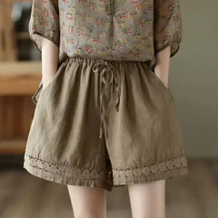 Cotton Linen Vintage High-Waist Elastic New Style Tie-Belt Embroidered Hollow Casual Straight Shorts