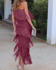 Spring and Summer New Fashion Fringed Slanted Shoulder Asymmetrical Dress for Women