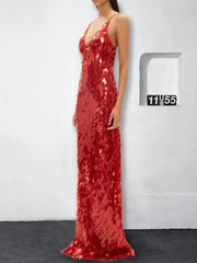 Sexy Women Maxi Dresses Elegant Sequins Sleeveless Female Long Dress Fashion Solid Deep V Neck Ladies Party Robe Dress
