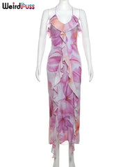 Weird Puss Flower Print Dress Woman Summer Strapless Splits Irregular Tassel Patchwork Backless Bandage Party Skinny Vestidos