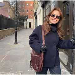 Fashion Women's Stand Collar Woolen Coats Long Sleeve Loose Female Short Coat 2025 Autumn Winter Office Lady Street Jacket