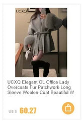 UCXQ Elegant OL Office Lady Overcoats Fur Patchwork Long Sleeve Woolen Coat Beautiful Women's Clothing Jacket Autumn 2025 Spring