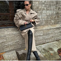 Women's Lace-up Cropped Trench Coat Chic Collar Long Sleeves Lapel Wide Shoulder Windbreaker Jacket Fall Commuting Daily Jackets