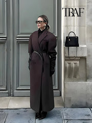 TRAF Women Fashion Solid Color Wool Lengthened Coat Elegant Warm Street Coat Autumn and Winter Retro Pocket Double-Breasted Coat