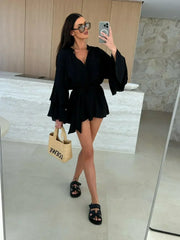 Elegant Fold Dress Women Brown Deep V-neck Long Sleeve Mini Dresses Female 2025 Spring Summer Fashion Loose Lady Vestidos