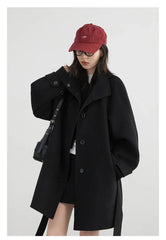 CHIC VEN Korean Women Woolen Coat Single Breasted Loose Stand Collar Belt Long Double-sided Ladies Overcoat Autumn Winter 2024