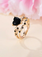 Heart Shaped Ring Set Green Black Red Stone Heart Ring Sets for Women Rose Gold Color White Zircon Wedding Bands Jewelry