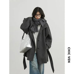 CHIC VEN Korean Women Woolen Coat Single Breasted Loose Stand Collar Belt Long Double-sided Ladies Overcoat Autumn Winter 2024