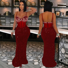 Long Dress Women Sexy Party Dresses Sling Bodycon Vestidos Streetwear Club Sequin Hot Drilling Elegant High Waist Y2k Evening