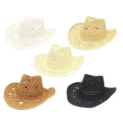 Summer Outdoor Men Women Hand-woven Western Cowboy Straw Hats Wide Brim Breathable Beach Jazz Cap Sun Protection Hat