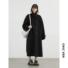 CHIC VEN Korean Women Woolen Coat Single Breasted Loose Stand Collar Belt Long Double-sided Ladies Overcoat Autumn Winter 2024