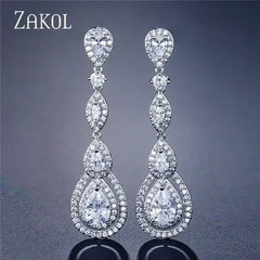 ZAKOL Luxury Water Drop Cubic Zircon Long Dangle Earrings for Women Bridal Wedding Jewelry Dress EP2114