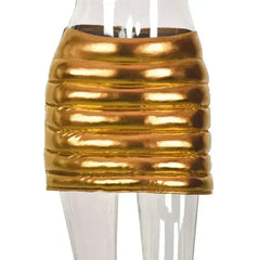 Gold Women's Puffer Skirt Metallic Shiny Quilted Mini A-line Skirts - Femstylo