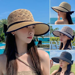 Women's Summer Straw Hat UV Protection Wide Brim | Breathable Bow Sun Hat Fashion Beach Accessory