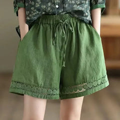 Cotton Linen Vintage High-Waist Elastic New Style Tie-Belt Embroidered Hollow Casual Straight Shorts