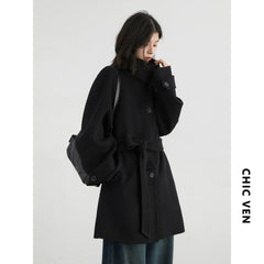 CHIC VEN Korean Women Woolen Coat Single Breasted Loose Stand Collar Belt Long Double-sided Ladies Overcoat Autumn Winter 2024